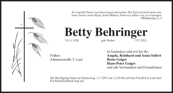 Traueranzeige von Betty Behringer von Pegnitz-Zeitung